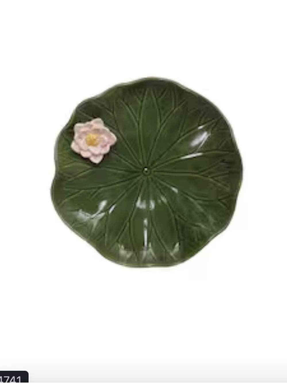 Ashland Green Ceramic Lily-Leaf Serving Plate with Pink Flower Accent
